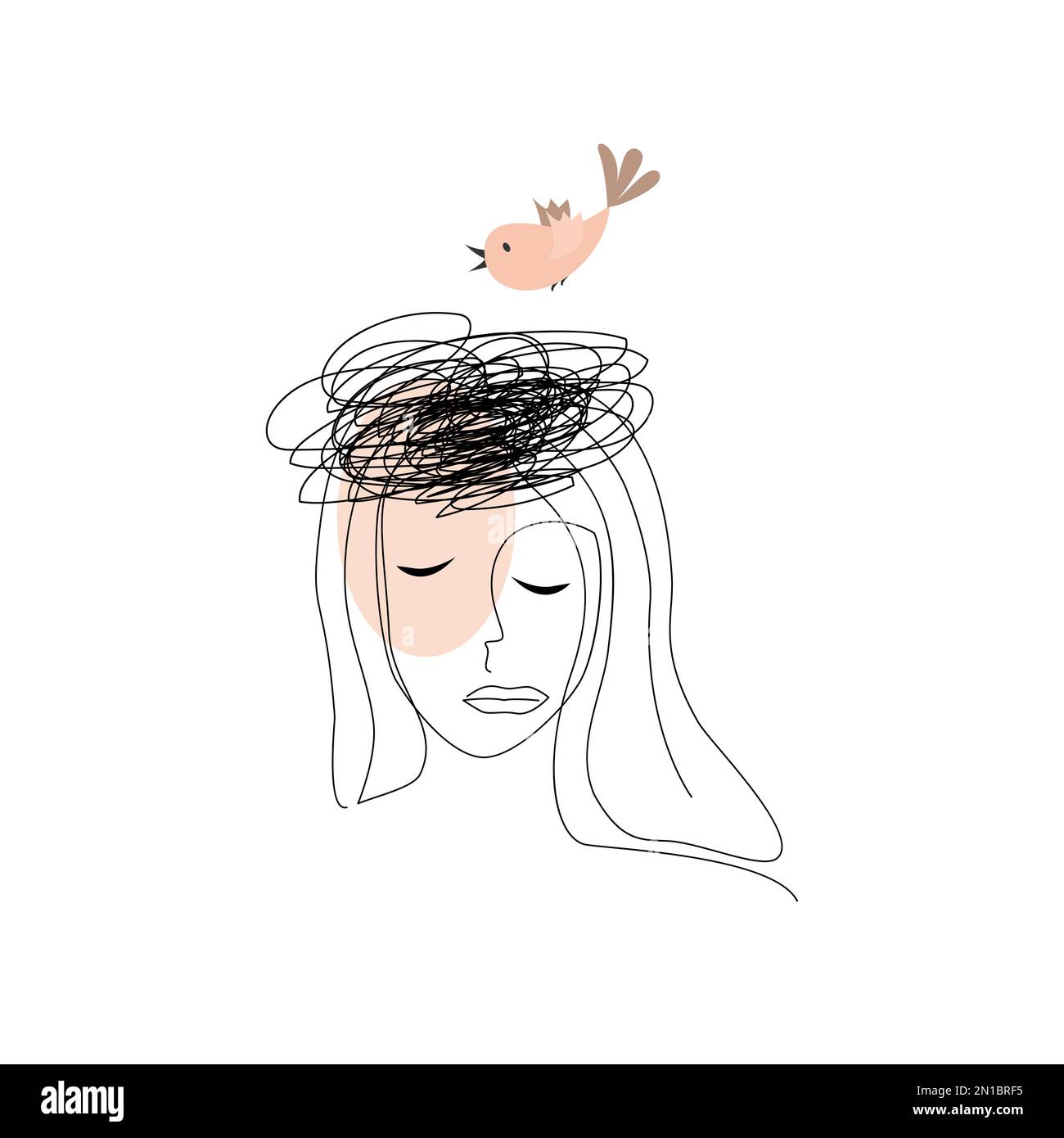 A frustrated girl with a nest and a bird in her head. Stress and depression concept. Vector isolated illustration, continuous line style Stock Vector