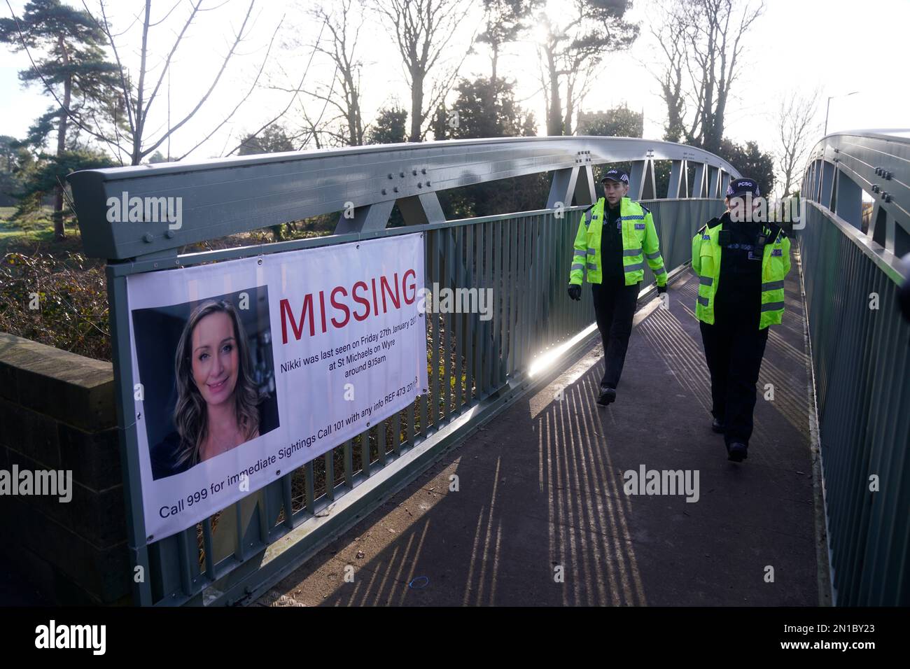Police offciers in St Michael's on Wyre, Lancashire, where the search continues for missing woman Nicola Bulley, 45, who was last seen on the morning of Friday January 27, when she was spotted walking her dog on a footpath by the nearby River Wyre. Picture date: Monday February 6, 2023. Stock Photo