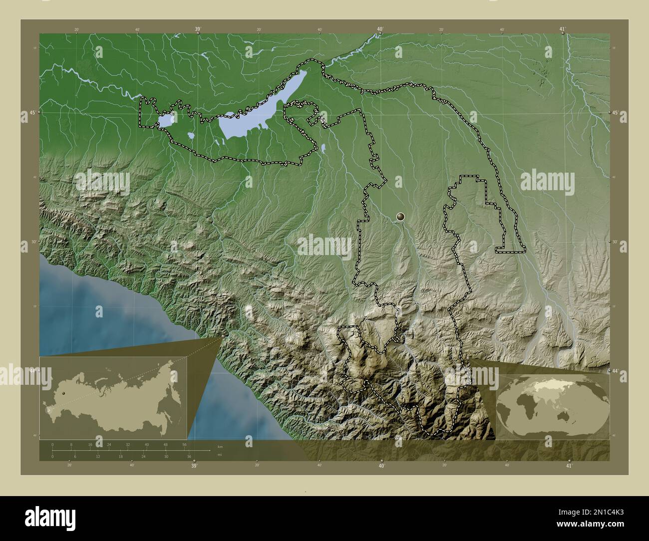 Adygey, republic of Russia. Elevation map colored in wiki style with ...