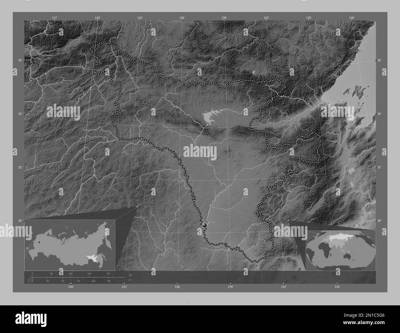 Amur, region of Russia. Grayscale elevation map with lakes and rivers. Corner auxiliary location