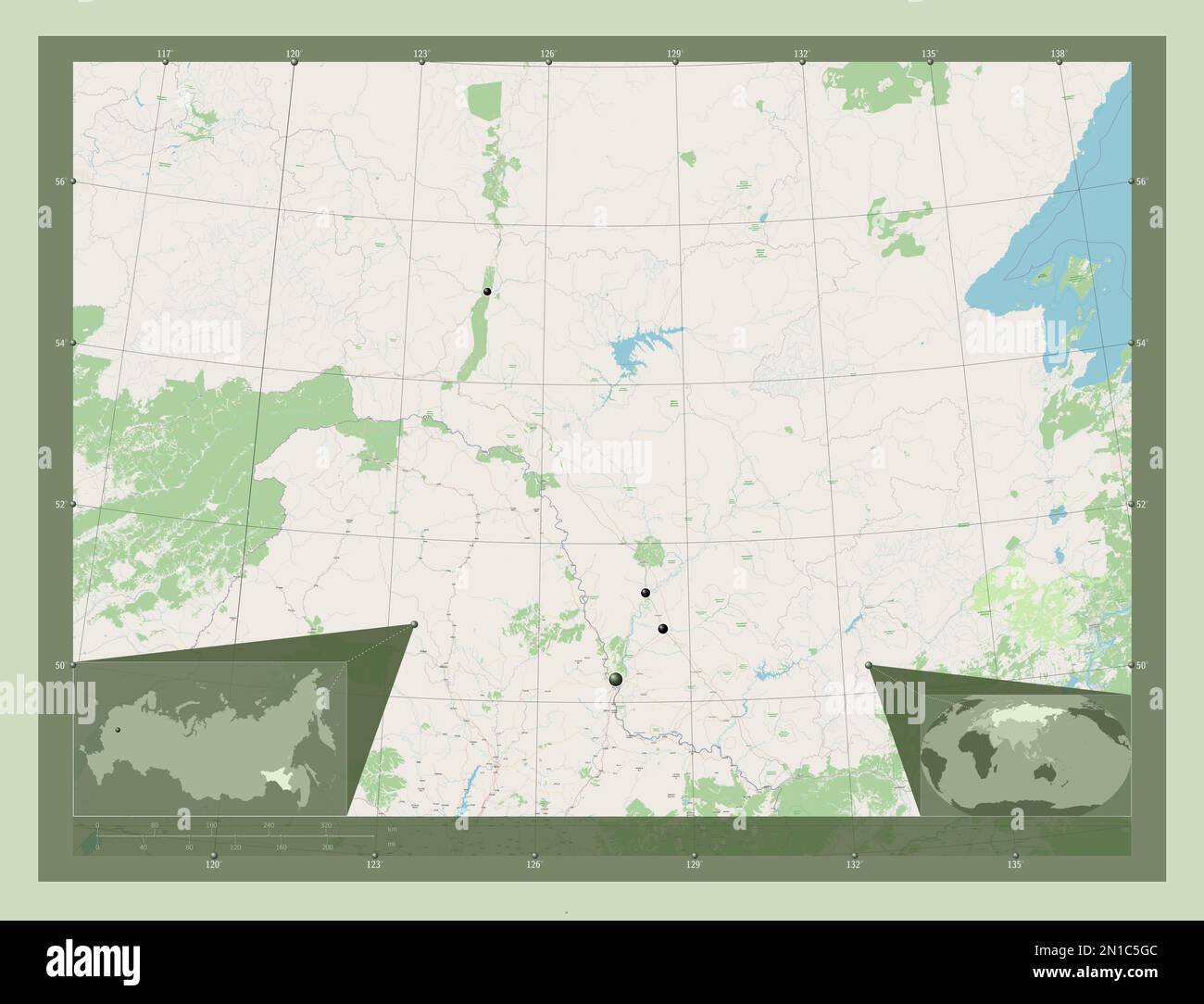 Amur, region of Russia. Open Street Map. Locations of major cities of the region. Corner