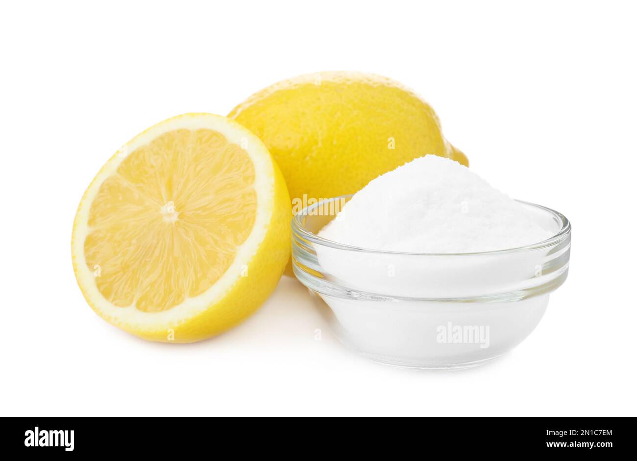 Baking soda and cut lemons on white background Stock Photo Alamy