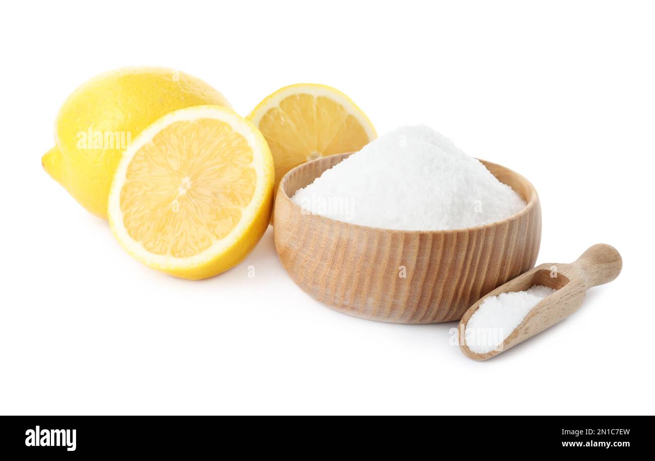 Baking soda and cut lemons on white background Stock Photo Alamy
