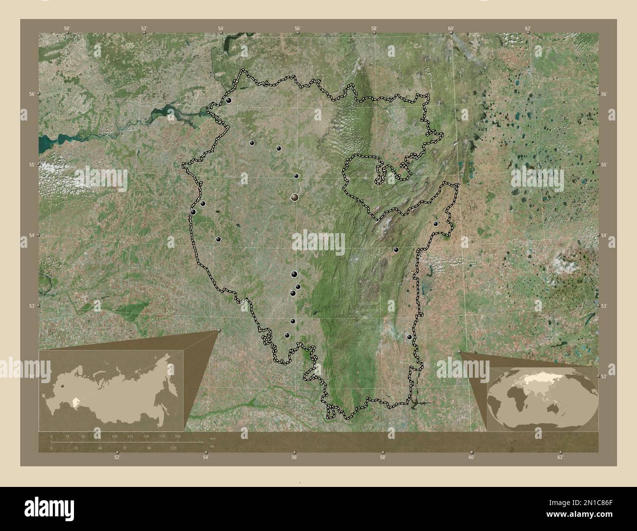 Bashkortostan, republic of Russia. High resolution satellite map. Locations of major cities of the region. Corner auxiliary location maps Stock Photo