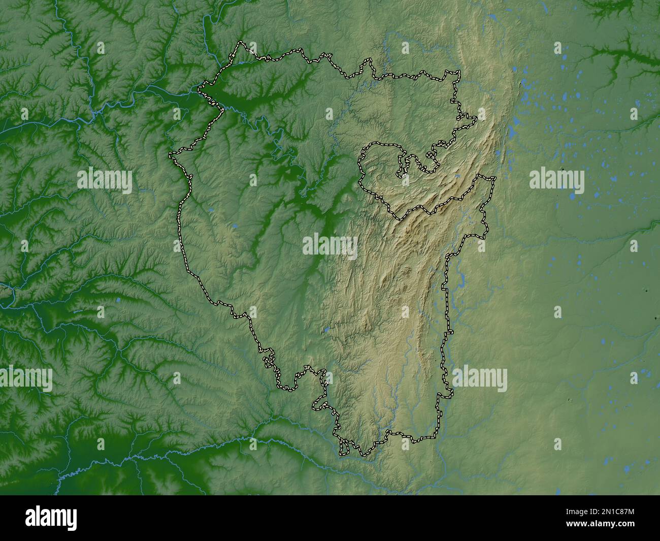 Bashkortostan, republic of Russia. Colored elevation map with lakes and rivers Stock Photo