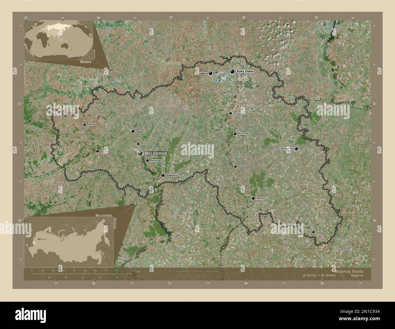 Belgorod, region of Russia. High resolution satellite map. Locations ...