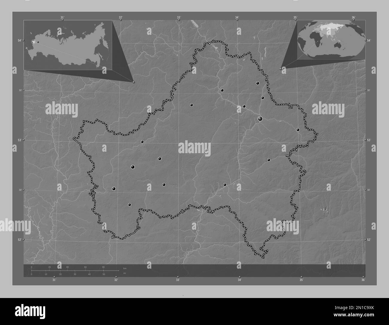 Bryansk, region of Russia. Grayscale elevation map with lakes and rivers. Locations of major cities of the region. Corner auxiliary location maps Stock Photo