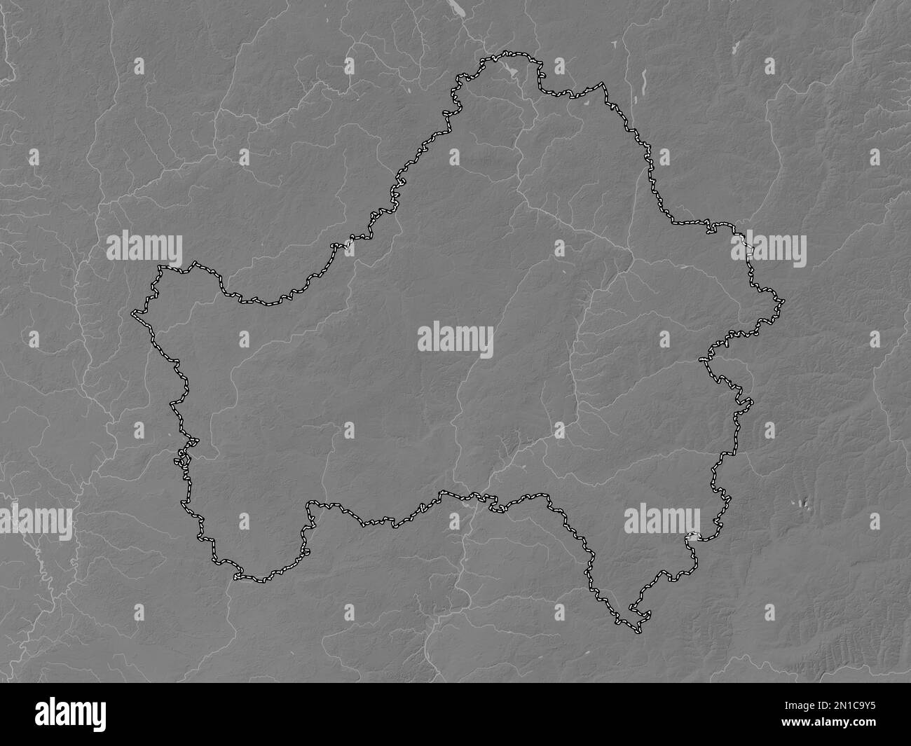 Bryansk, region of Russia. Grayscale elevation map with lakes and rivers Stock Photo