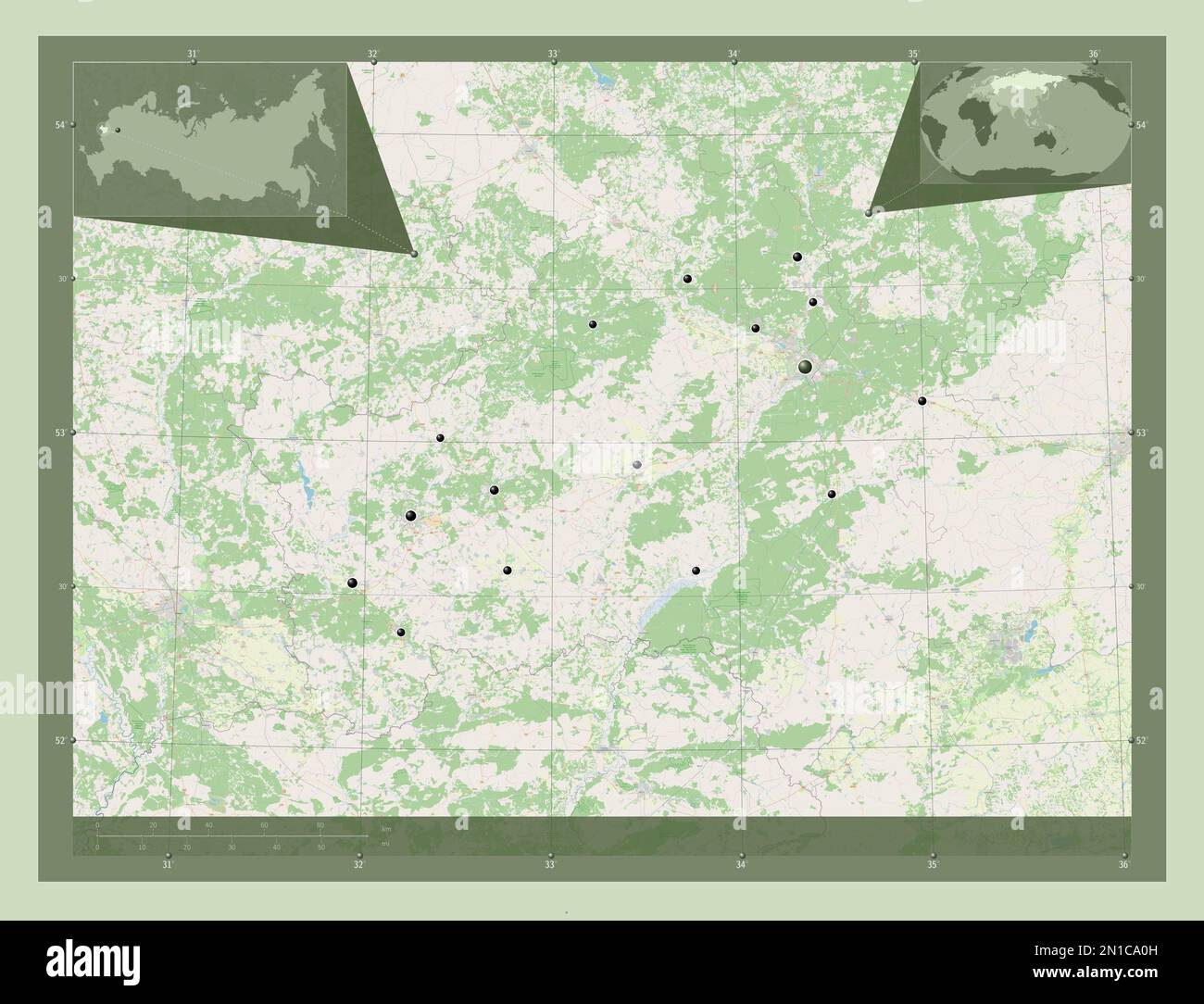 Bryansk, region of Russia. Open Street Map. Locations of major cities of the region. Corner auxiliary location maps Stock Photo