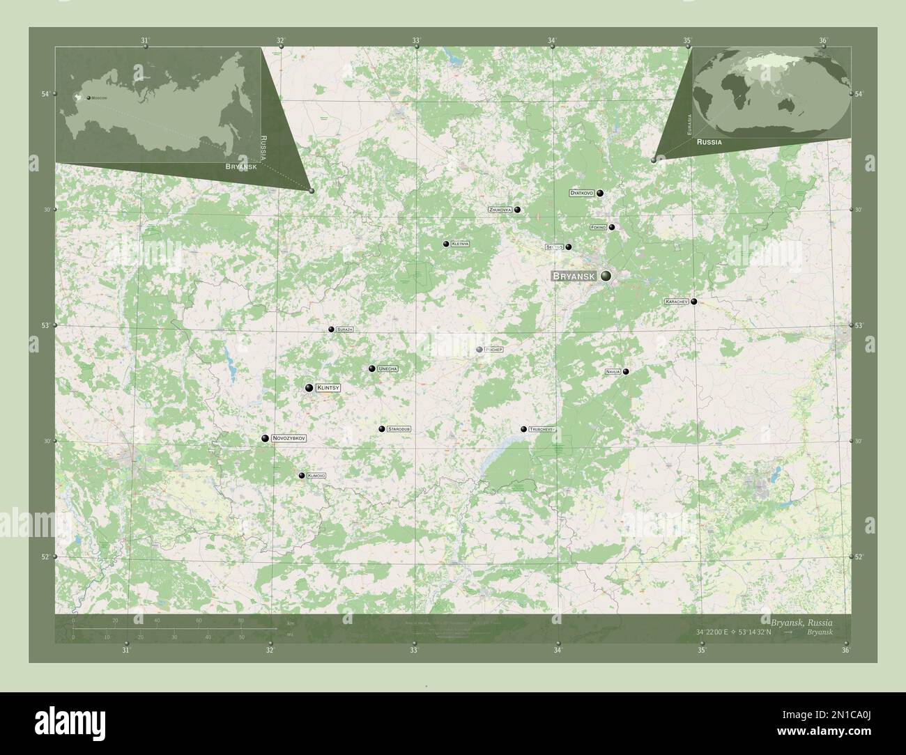 Bryansk, region of Russia. Open Street Map. Locations and names of major cities of the region. Corner auxiliary location maps Stock Photo