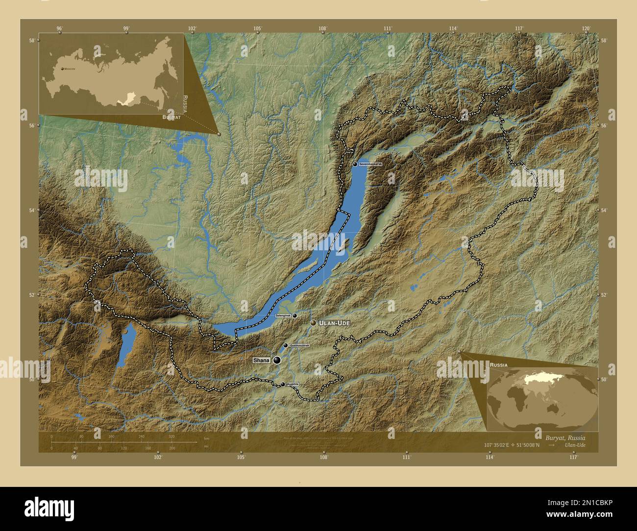 Baikal Mountains Map Buryat Republic Of Russia Colored Elevation Map With Lakes And Rivers Locations And Names Of Major Cities Of The Region Corner Auxiliary Location 2N1CBKP