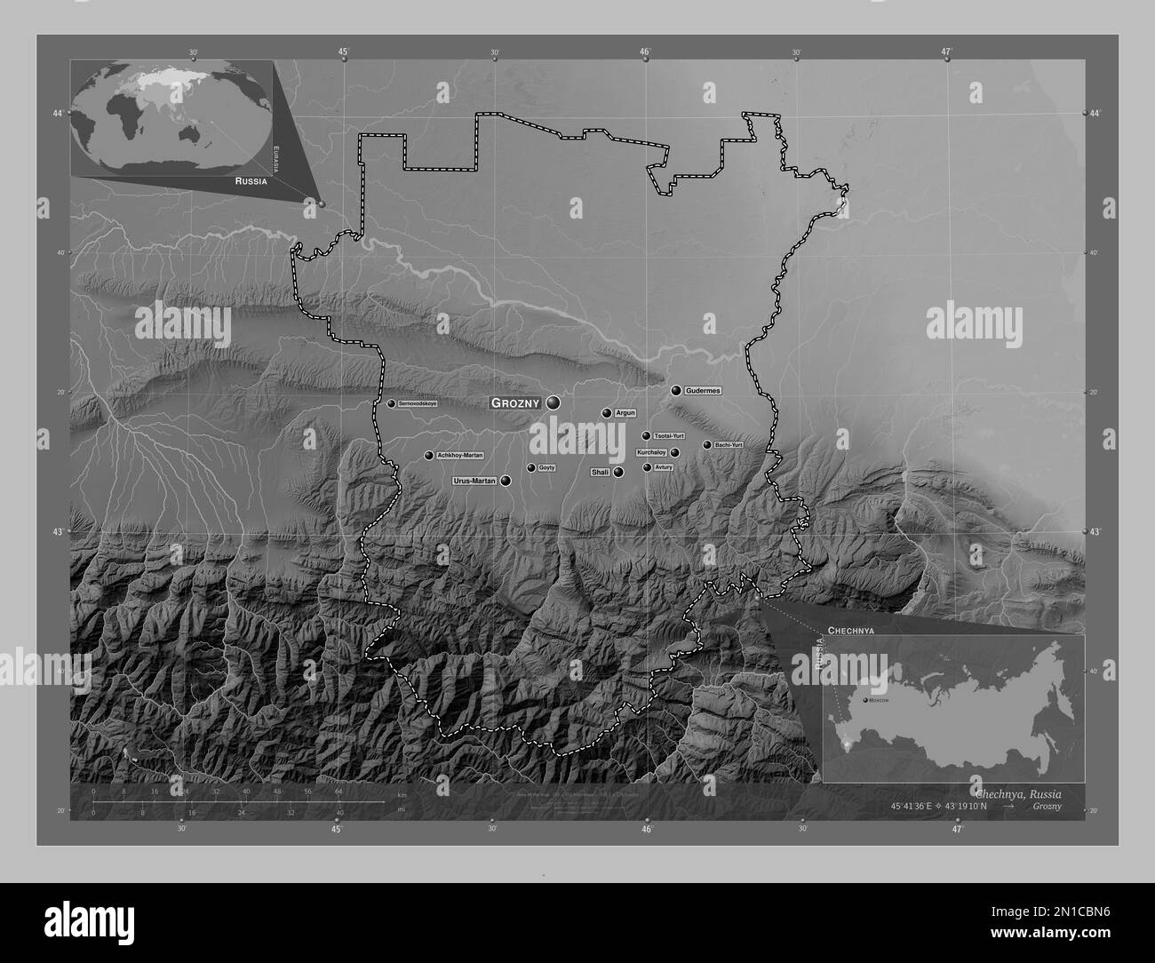 Chechnya, republic of Russia. Grayscale elevation map with lakes and rivers. Locations and names of major cities of the region. Corner auxiliary locat Stock Photo