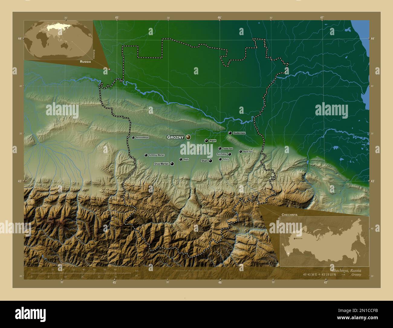 Chechnya, republic of Russia. Colored elevation map with lakes and rivers. Locations and names of major cities of the region. Corner auxiliary locatio Stock Photo