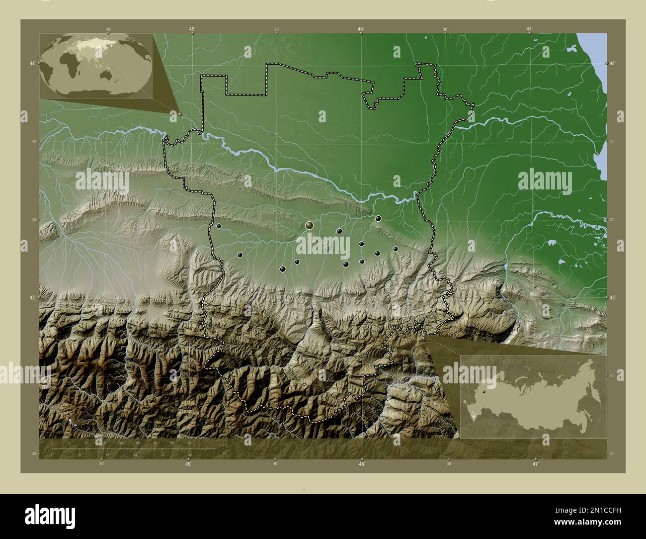 Chechnya, republic of Russia. Elevation map colored in wiki style with lakes and rivers. Locations of major cities of the region. Corner auxiliary loc Stock Photo