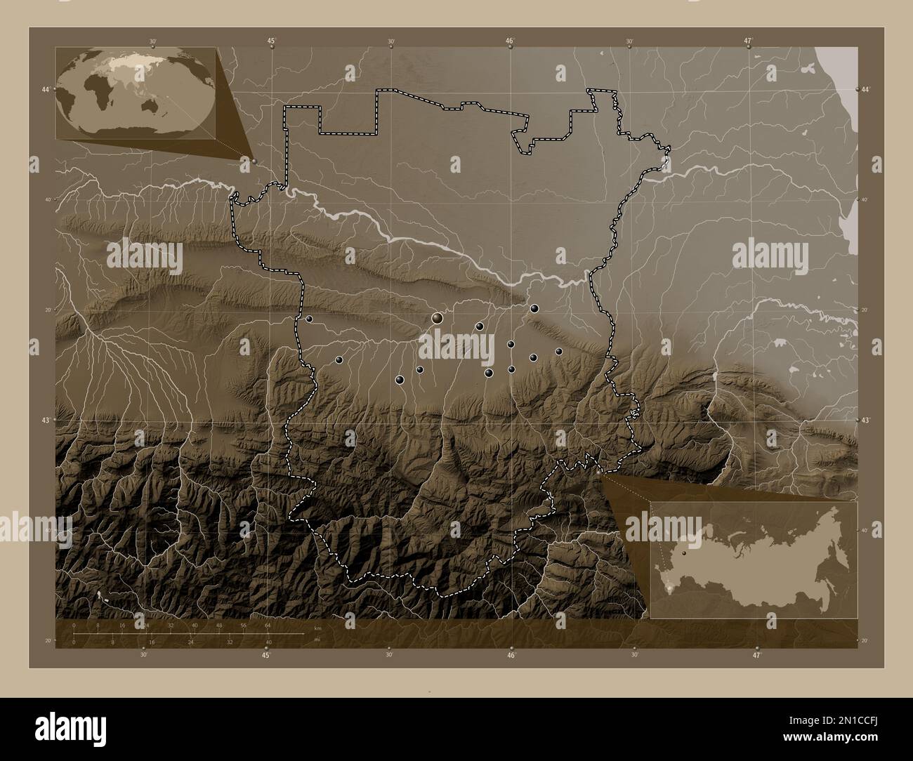 Chechnya, republic of Russia. Elevation map colored in sepia tones with lakes and rivers. Locations of major cities of the region. Corner auxiliary lo Stock Photo