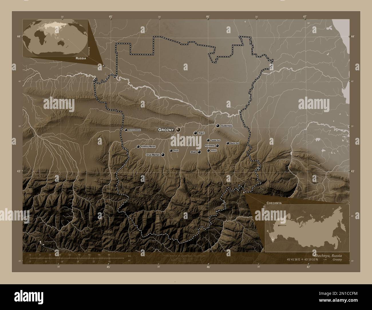 Chechnya, republic of Russia. Elevation map colored in sepia tones with lakes and rivers. Locations and names of major cities of the region. Corner au Stock Photo