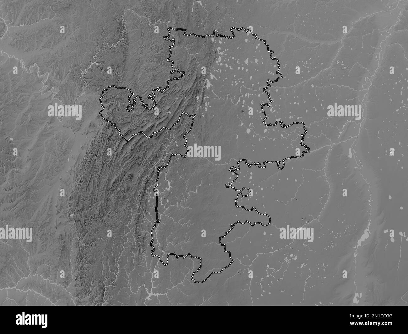 Chelyabinsk, region of Russia. Grayscale elevation map with lakes and rivers Stock Photo