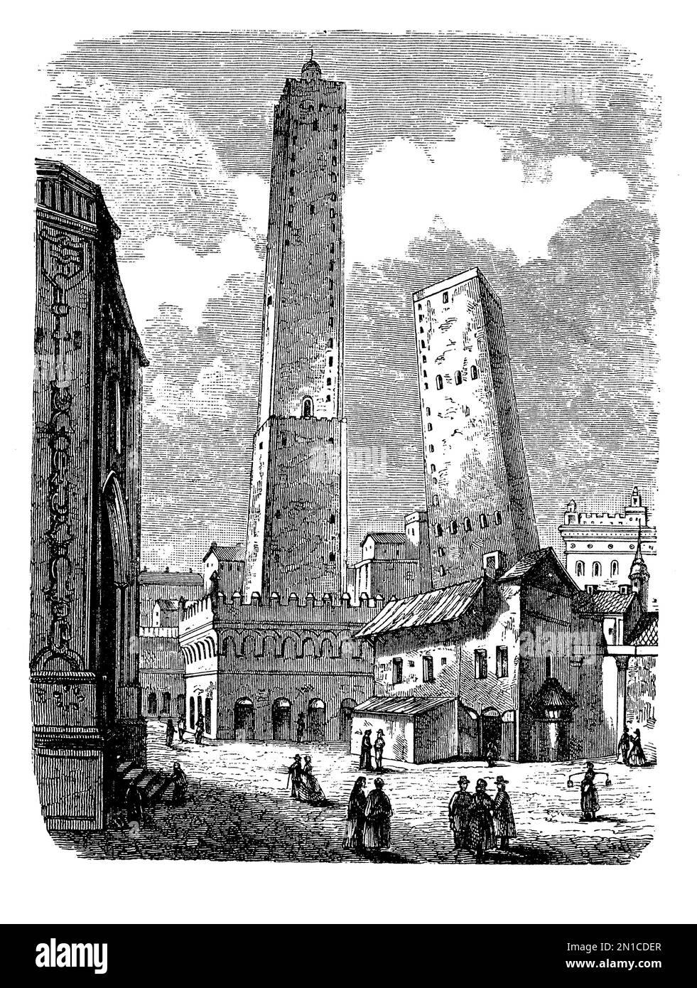 The two medieval towers of Bologna - Italy: Asinelli (98 mt.) and Garisenda (48mt.) used for offensive/defensive purposes and symbol of power of the r Stock Photo