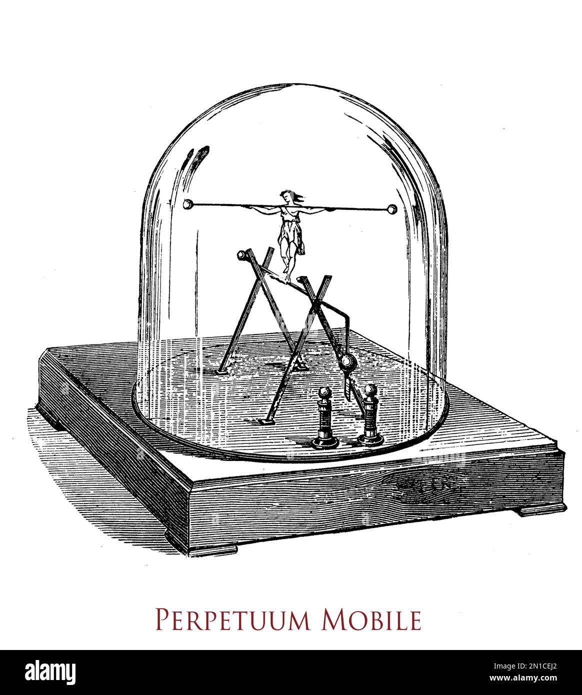 perpetuum mobile: attempt of a  hypothetical device working indefinitely without an external energy source in violation of thermodynamics laws Stock Photo