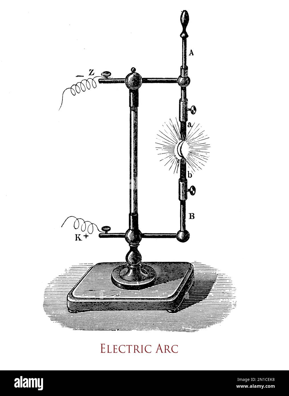 An electric arc is a prolonged electrical discharge by transmitting an electric current through two carbon rods Stock Photo