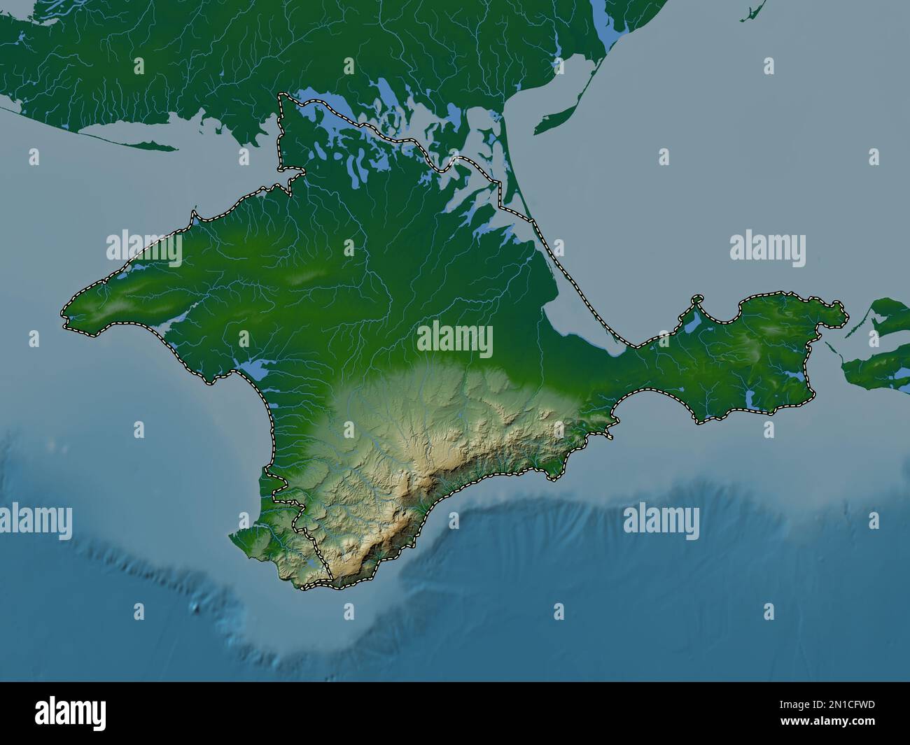 Crimea, autonomous republic of Russia. Colored elevation map with lakes ...