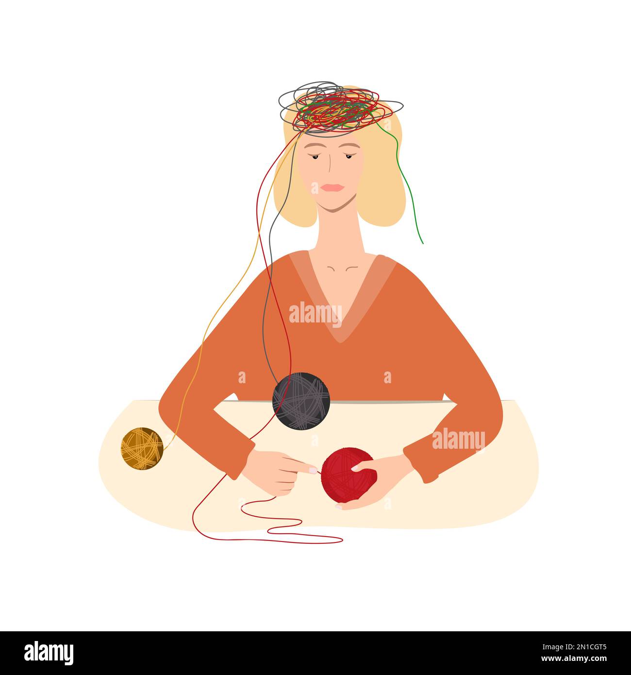 Woman untangle balls of thread of in her mind to transform her thinking and behavior. Self-reflecting, self development, or NLP concept. Vector Stock Vector