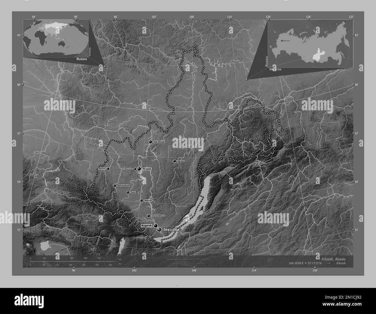 Irkutsk, region of Russia. Grayscale elevation map with lakes and rivers. Locations and names of major cities of the region. Corner auxiliary location Stock Photo