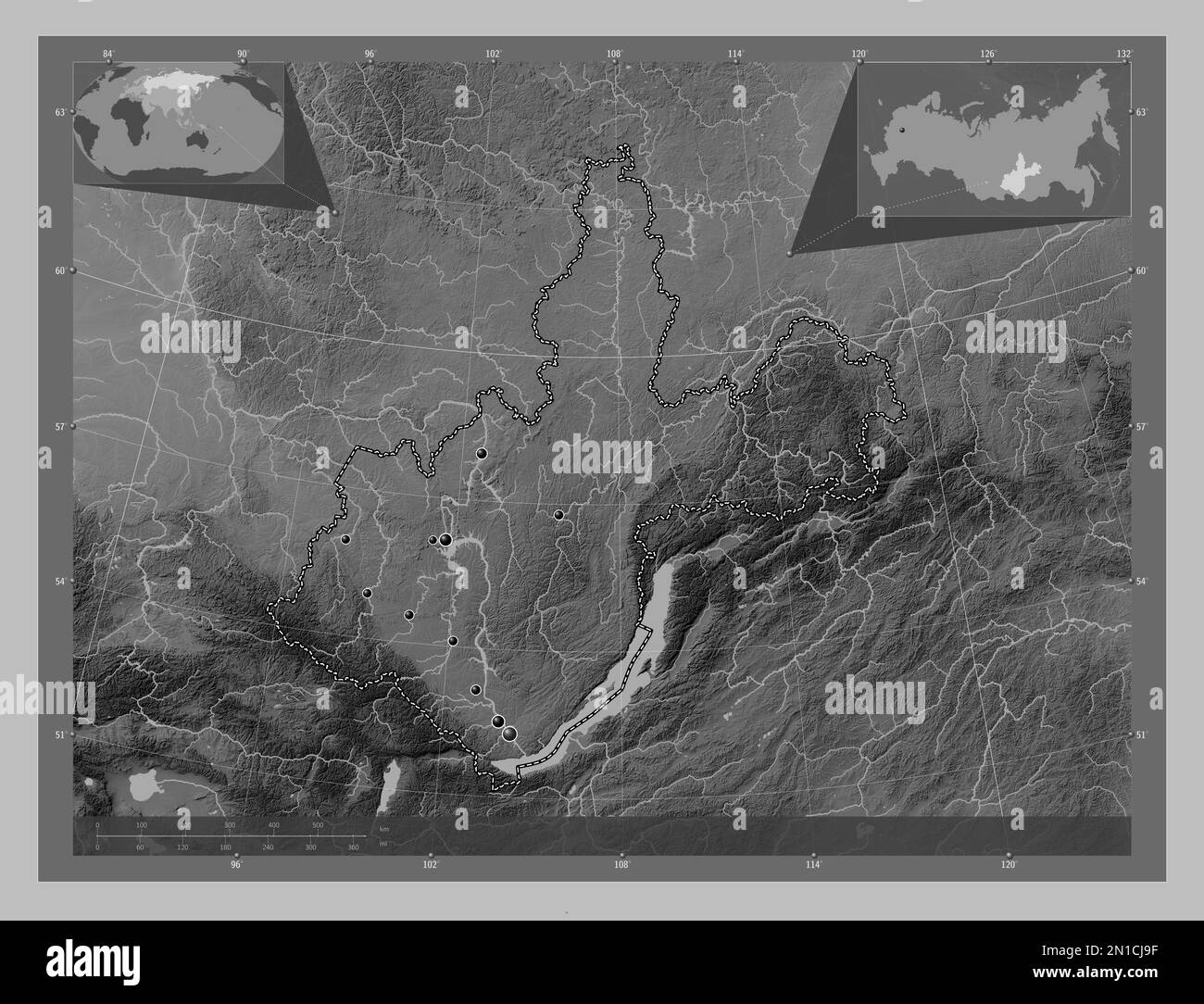 Irkutsk, region of Russia. Grayscale elevation map with lakes and rivers. Locations of major cities of the region. Corner auxiliary location maps Stock Photo