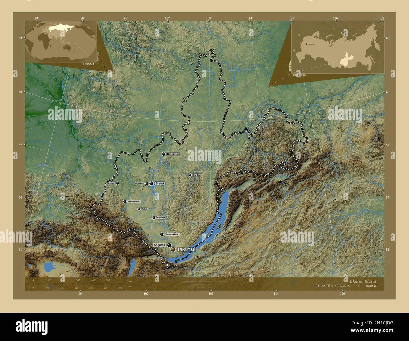 Irkutsk, region of Russia. Colored elevation map with lakes and rivers. Locations and names of major cities of the region. Corner auxiliary location m Stock Photo