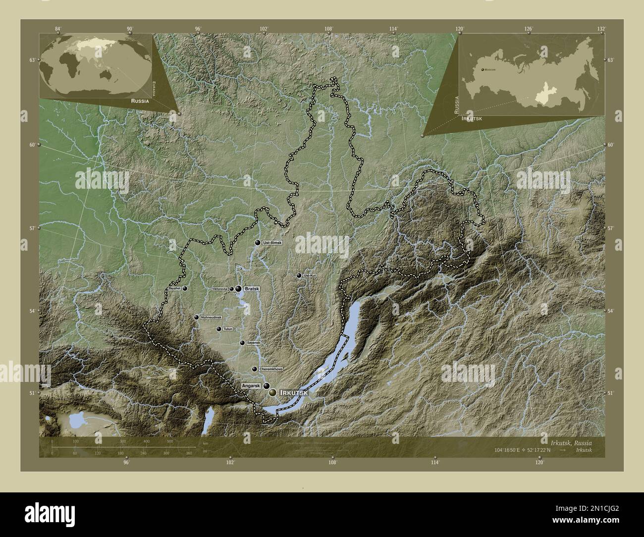 Irkutsk, region of Russia. Elevation map colored in wiki style with lakes and rivers. Locations and names of major cities of the region. Corner auxili Stock Photo