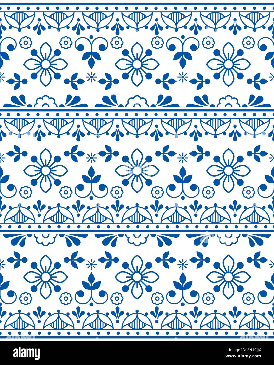 Scandinavian folk art outline vector seamless pattern, navy blue retro design with flowers inspired by old embroidery backgrounds Stock Vector