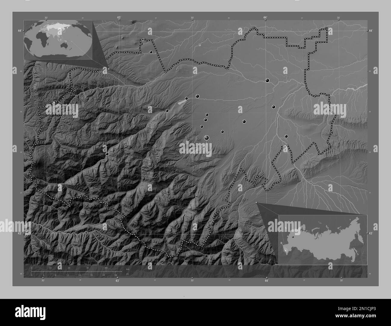 Kabardin-Balkar, republic of Russia. Grayscale elevation map with lakes and rivers. Locations of major cities of the region. Corner auxiliary location Stock Photo