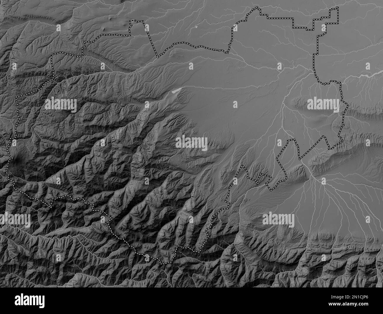Kabardin-Balkar, republic of Russia. Grayscale elevation map with lakes and rivers Stock Photo
