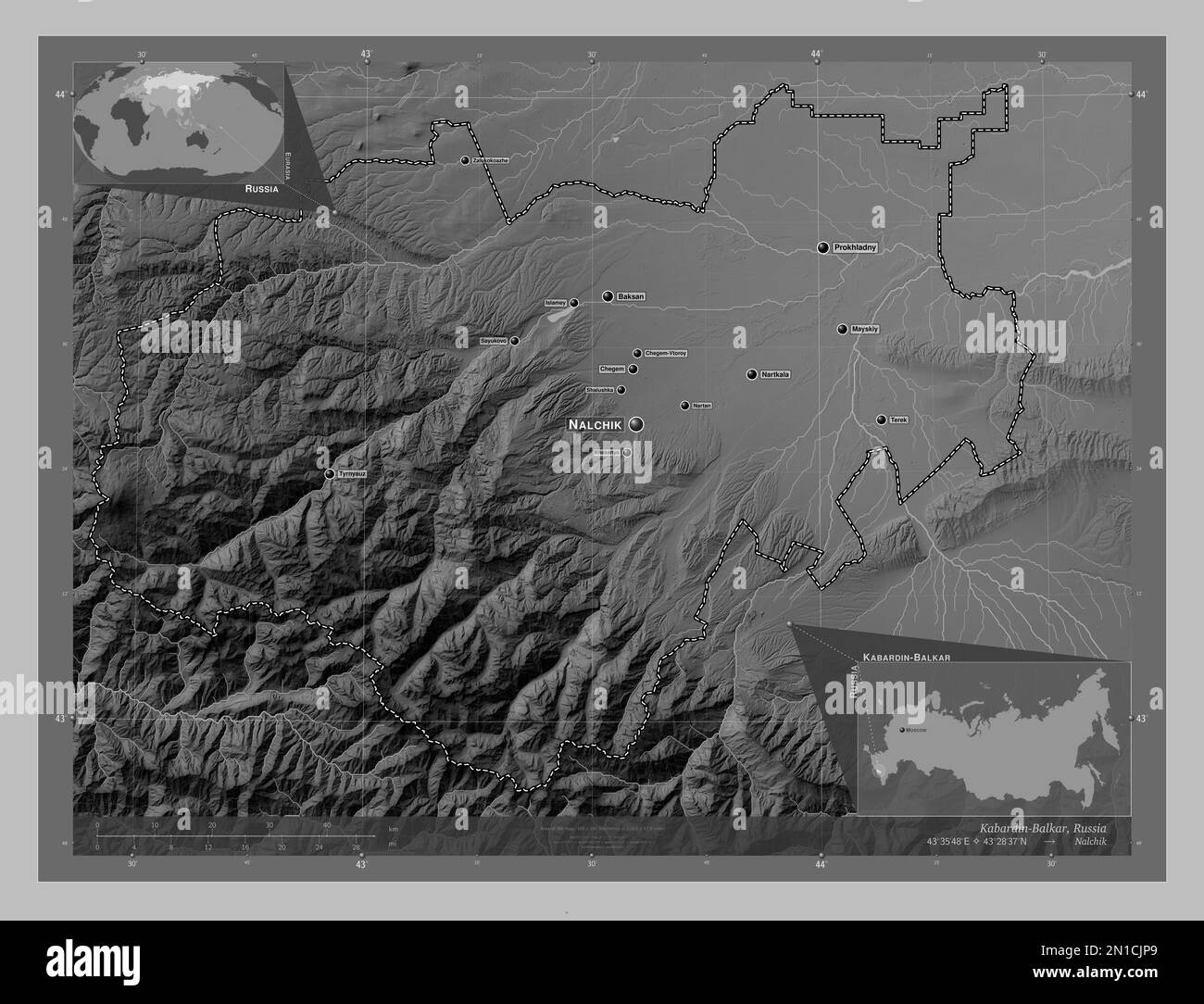 Kabardin-Balkar, republic of Russia. Grayscale elevation map with lakes and rivers. Locations and names of major cities of the region. Corner auxiliar Stock Photo