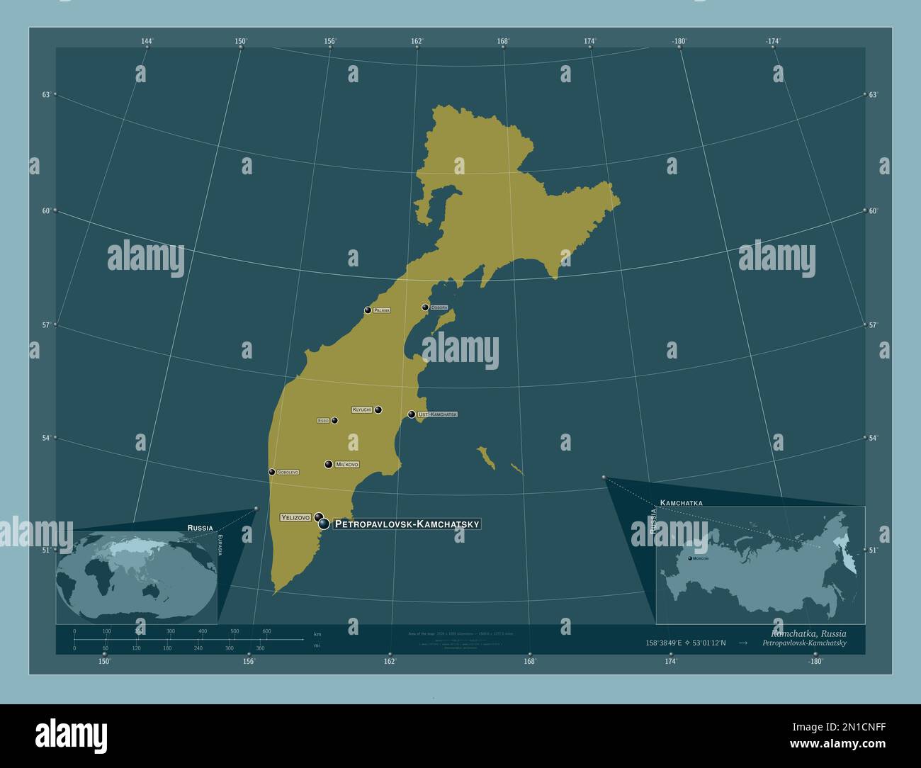 Kamchatka, territory of Russia. Solid color shape. Locations and names ...