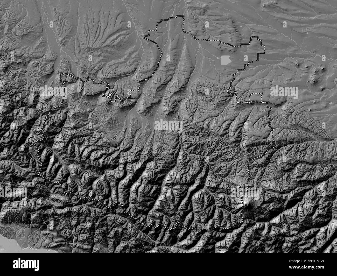 Karachay-Cherkess, republic of Russia. Bilevel elevation map with lakes and rivers Stock Photo