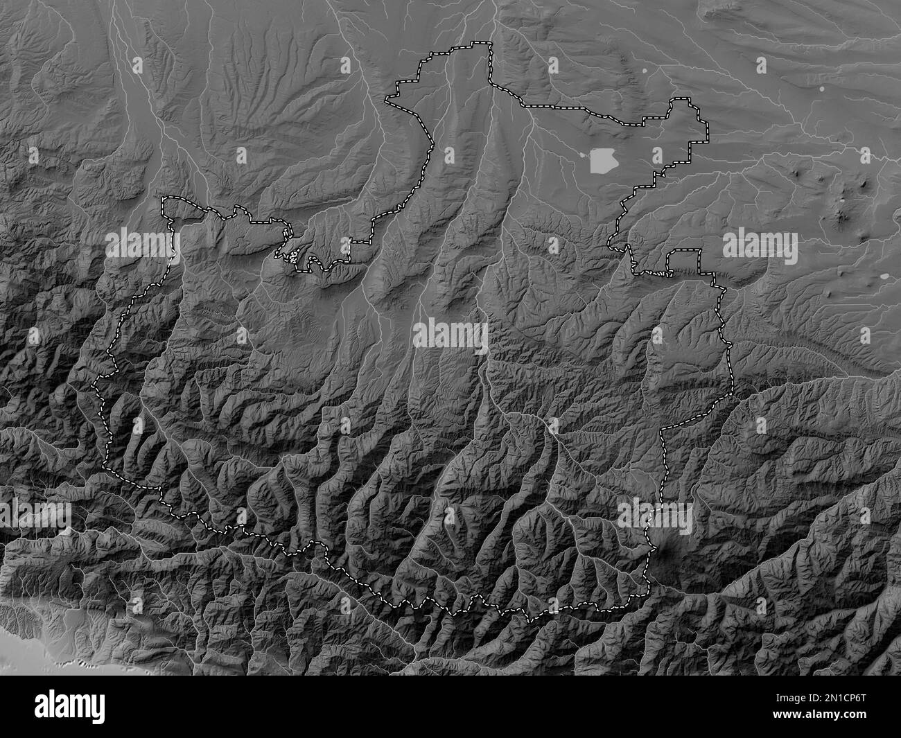 Karachay-Cherkess, republic of Russia. Grayscale elevation map with lakes and rivers Stock Photo