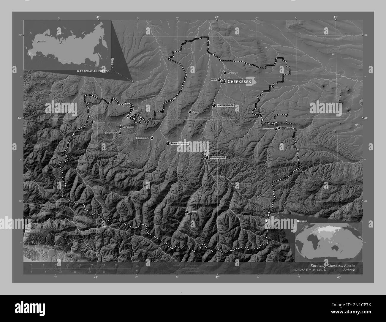 Karachay-Cherkess, republic of Russia. Grayscale elevation map with lakes and rivers. Locations and names of major cities of the region. Corner auxili Stock Photo