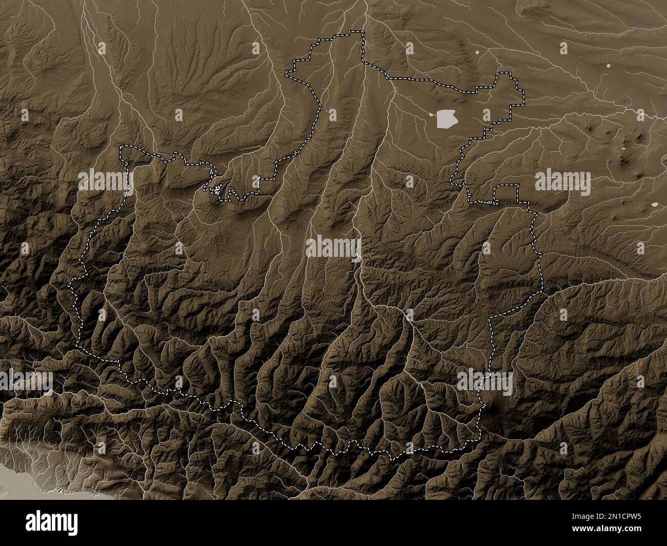 Karachay-Cherkess, republic of Russia. Elevation map colored in sepia tones with lakes and rivers Stock Photo