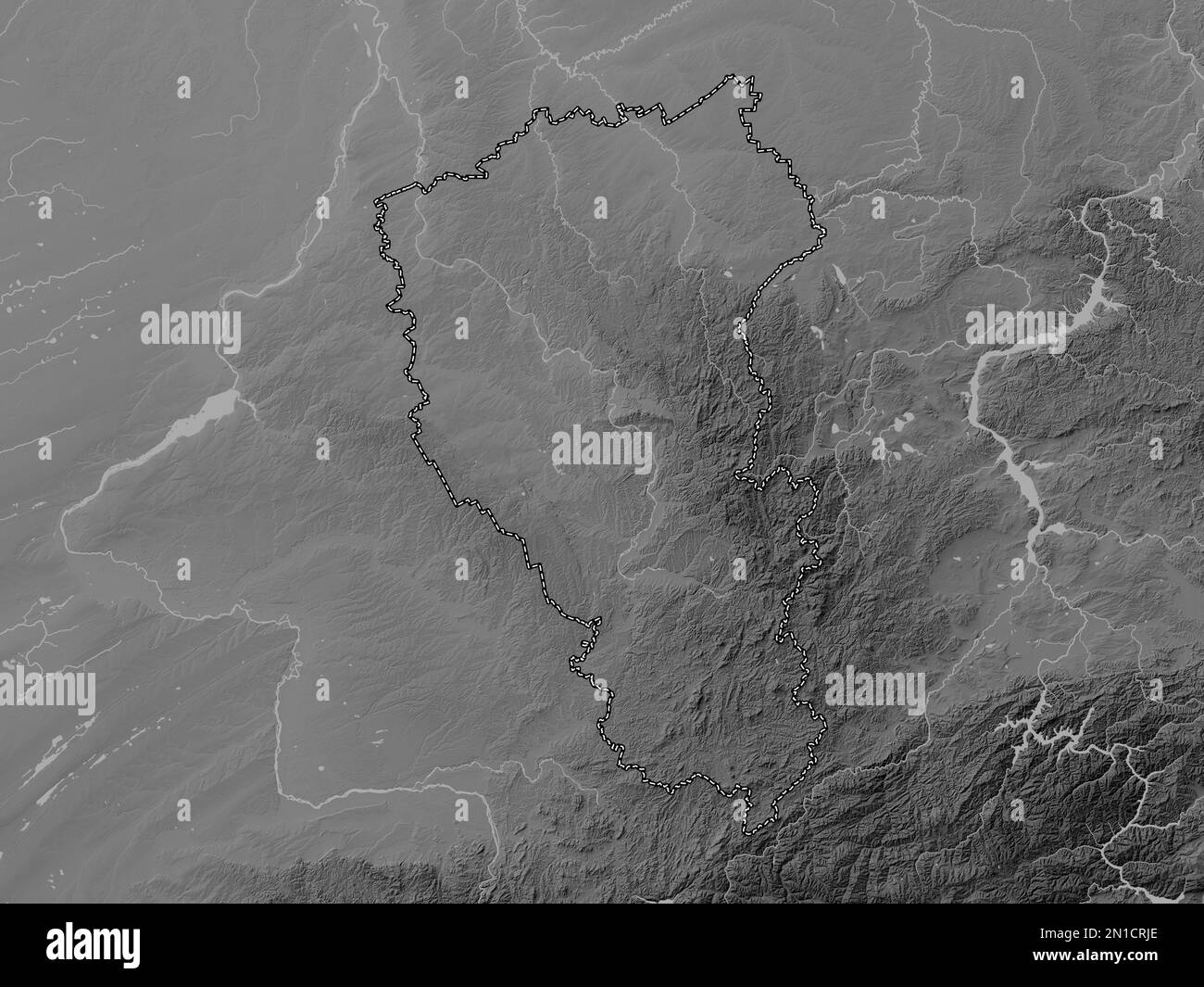 Kemerovo, region of Russia. Grayscale elevation map with lakes and rivers Stock Photo