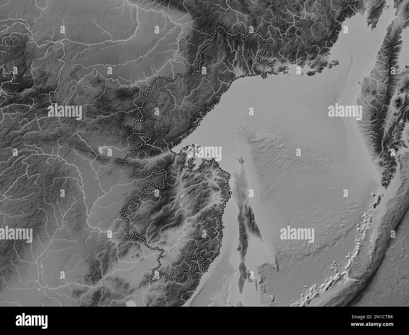 Khabarovsk, territory of Russia. Grayscale elevation map with lakes and rivers Stock Photo