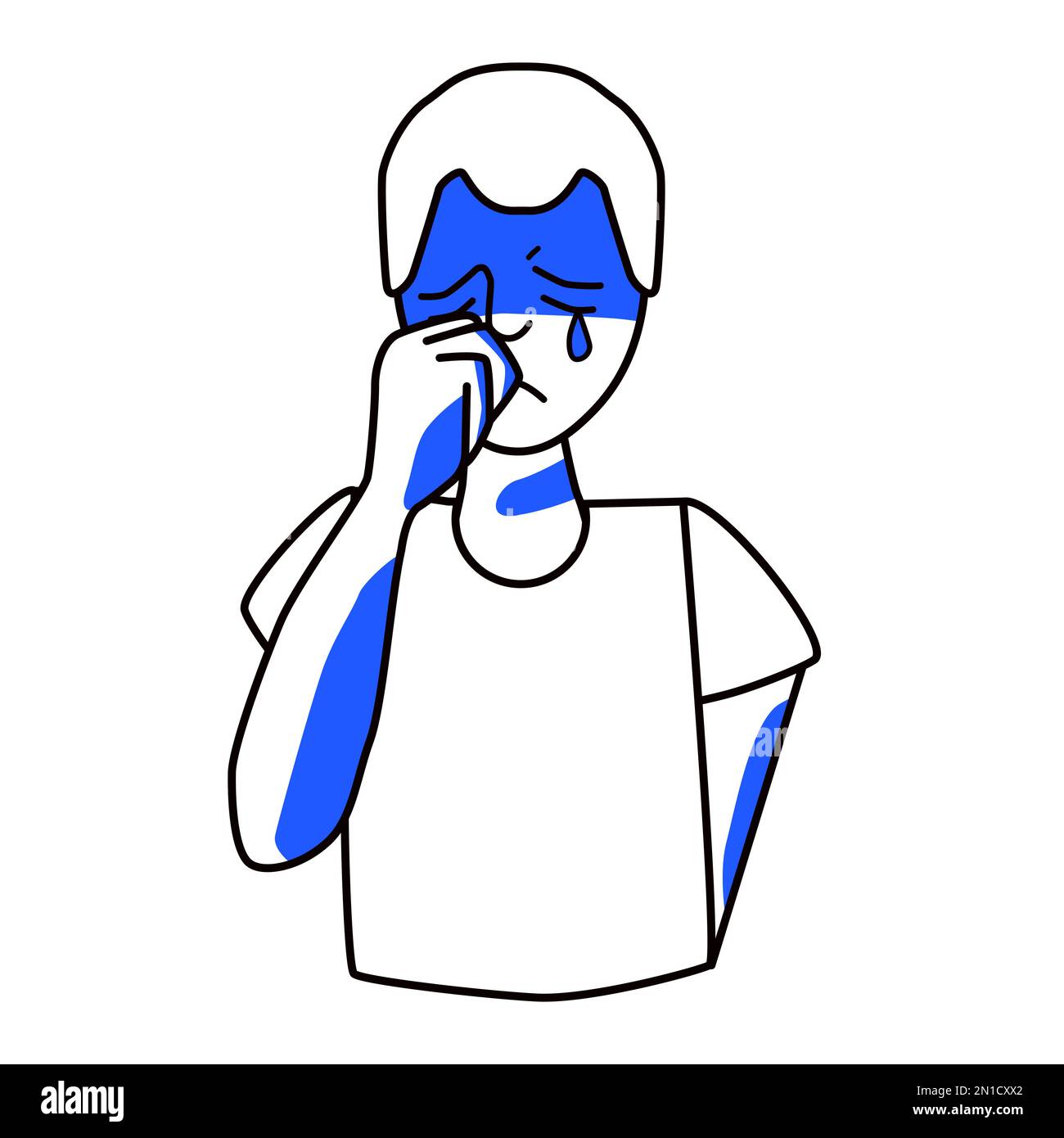 Sad boy, emotion of melancholy. Sadness teenager mood half body drawing, mourning adolescent with tears, crying melancholy of male child, despair and Stock Vector