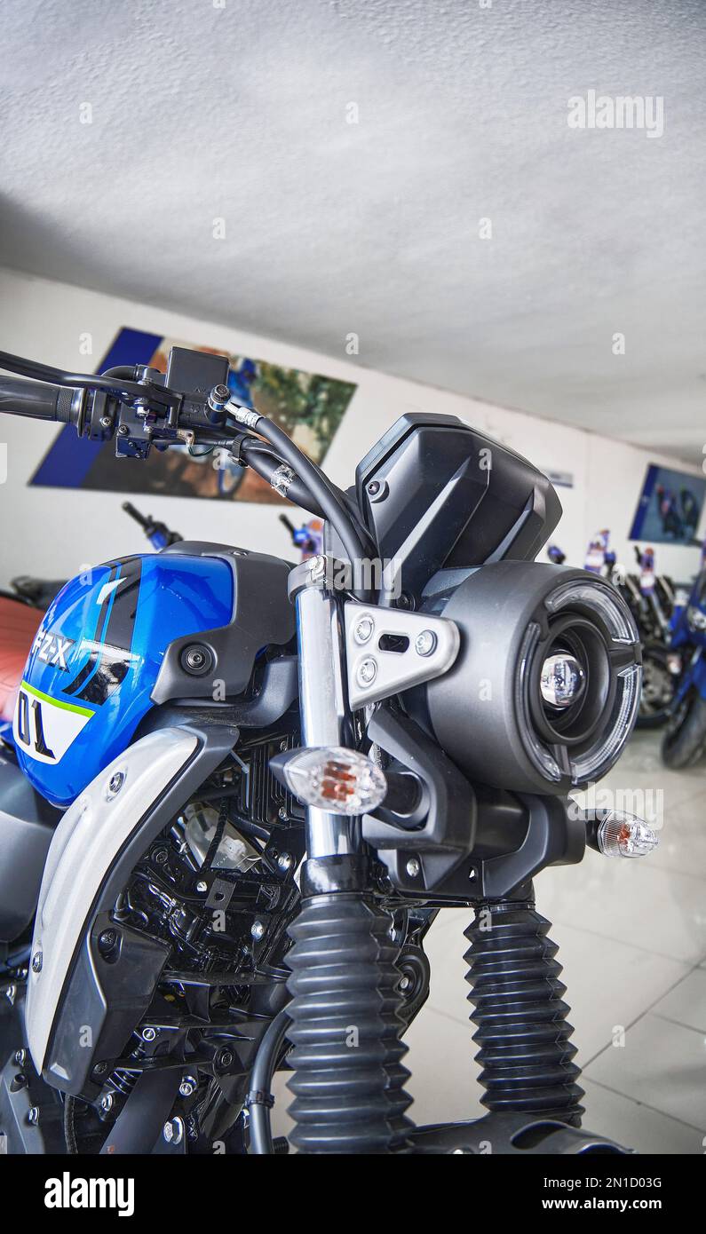 Lima, Peru 2023. Store Yamaha, FZX Connected motorcycle is on display