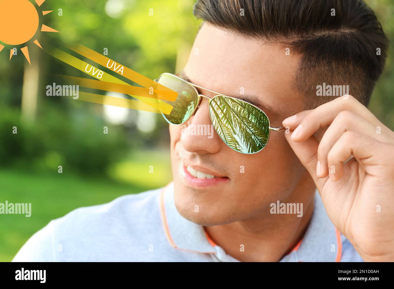 Man wearing sunglasses outdoors, closeup. UVA and UVB rays reflected by lenses, illustration Stock Photo