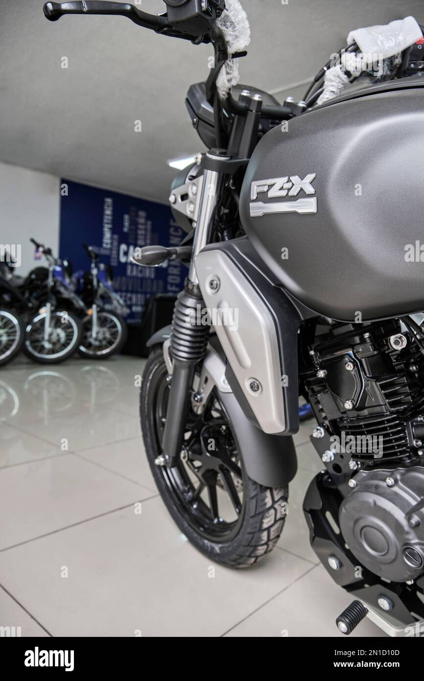 Lima, Peru 2023. Store Yamaha, FZX Connected motorcycle is on display