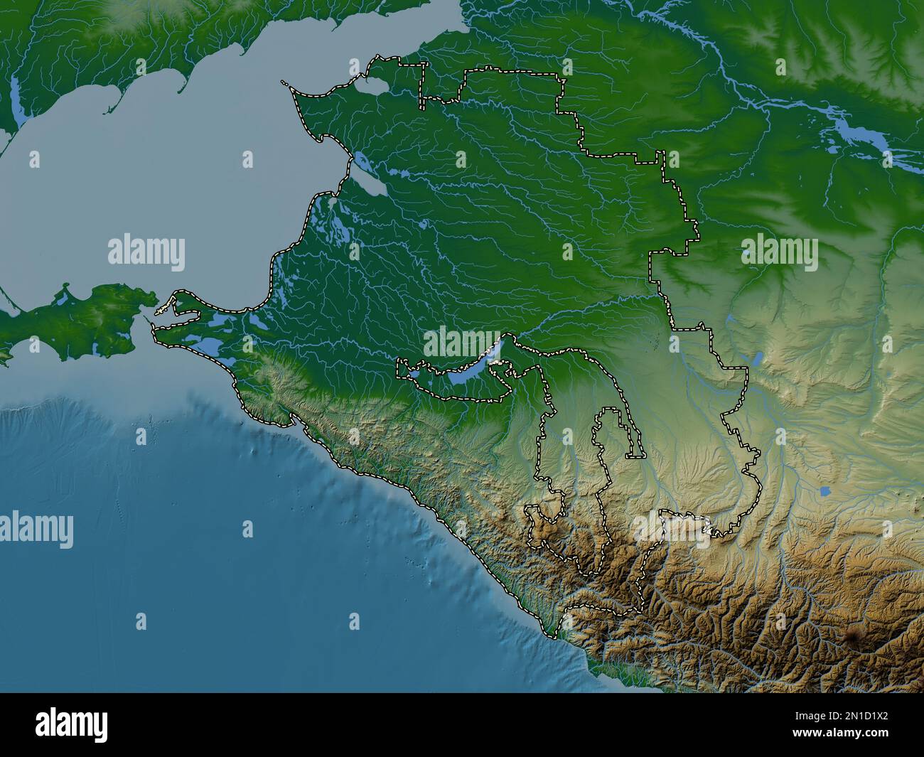 Krasnodar, territory of Russia. Colored elevation map with lakes and