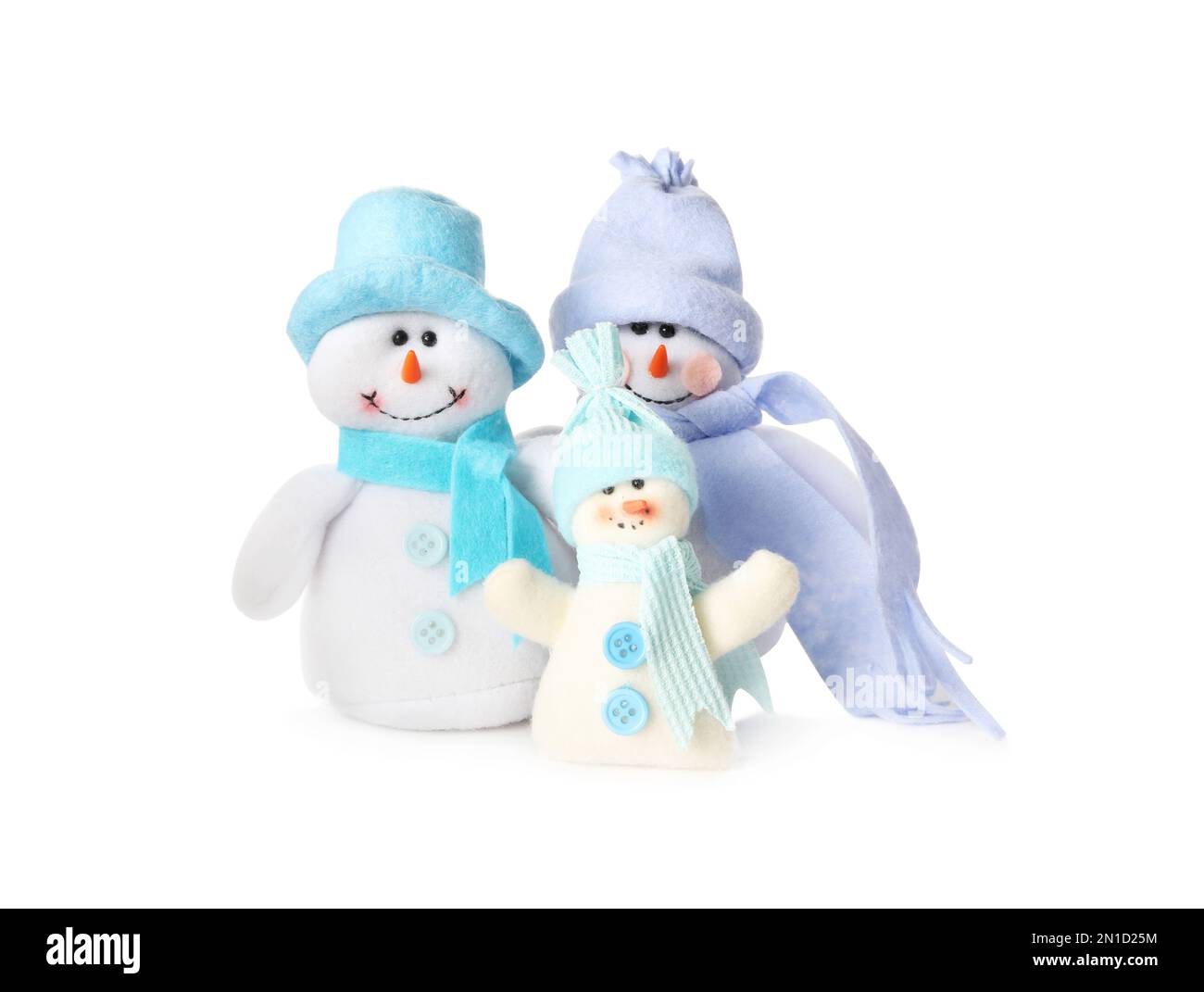 Cute snowmen and Christmas decoration on white background Stock Photo ...