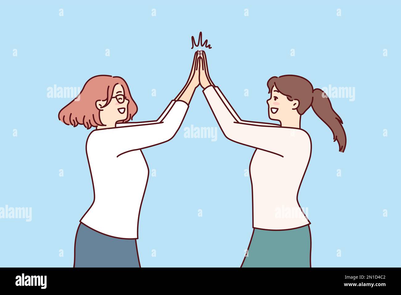 Two happy women rejoice high five greet each other after long-awaited meeting. Positive girls in casual clothes are happy to know about next vacation and joint summer trip Stock Vector