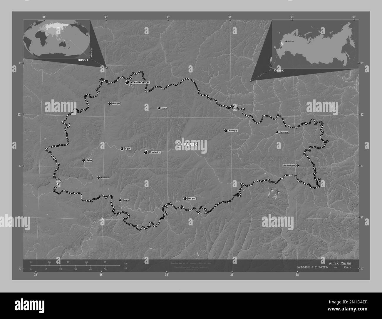 Kursk, region of Russia. Grayscale elevation map with lakes and rivers. Locations and names of major cities of the region. Corner auxiliary location m Stock Photo