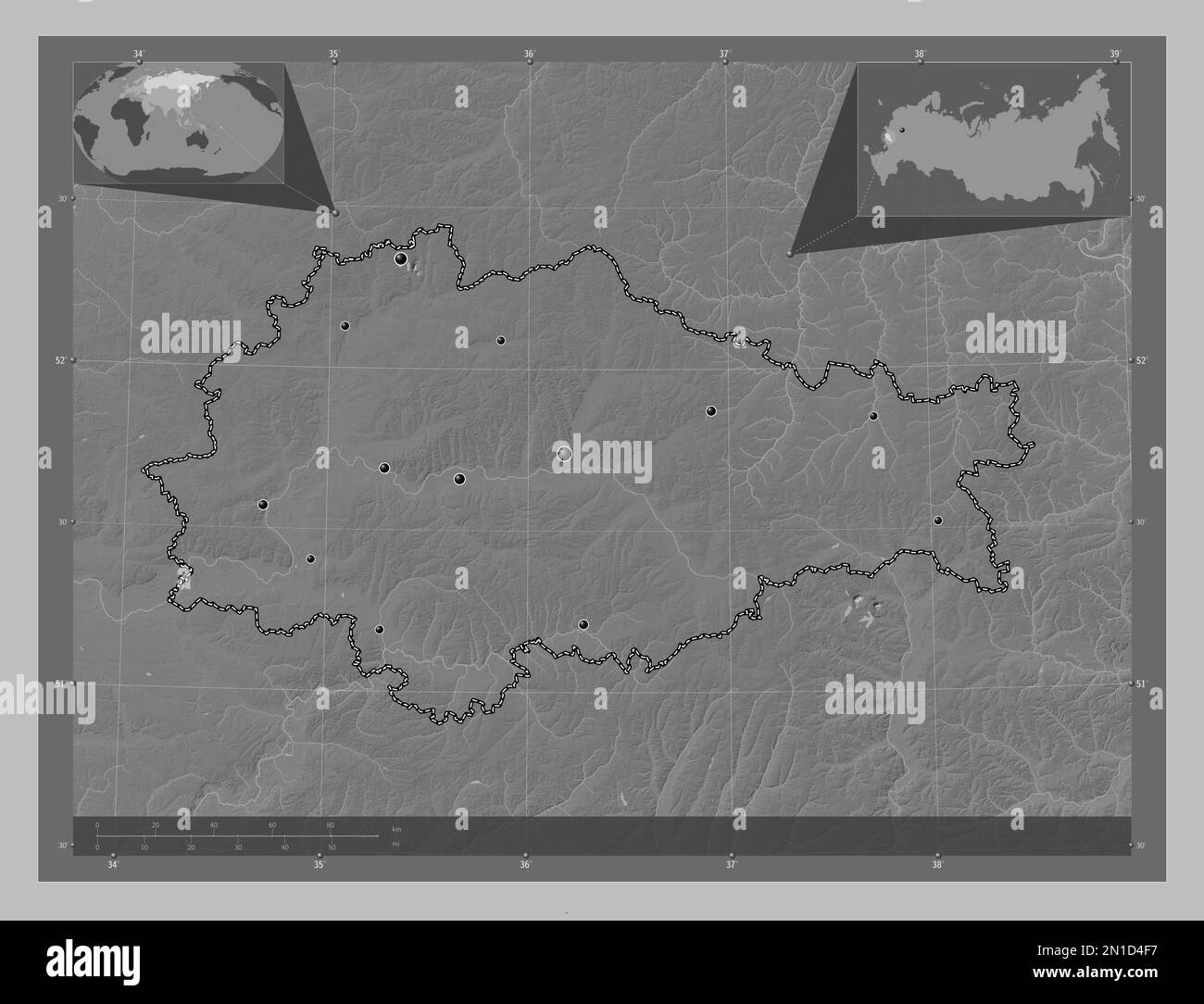 Kursk, region of Russia. Grayscale elevation map with lakes and rivers. Locations of major cities of the region. Corner auxiliary location maps Stock Photo